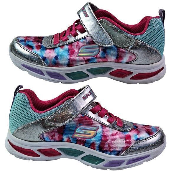 Skechers Girls Fashion Sneaker Lights Size 1 ‎ (20cm) Pink Silver Lace up New - Picture 2 of 16